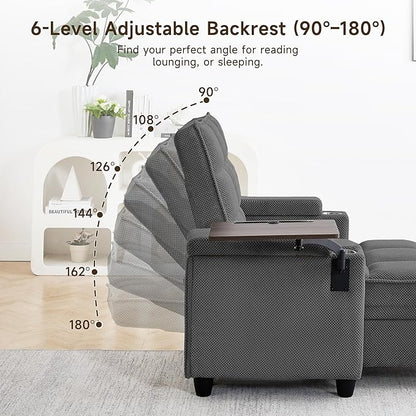 41.7" Chaise Lounge Chair Indoor, Oversized Boucle Upholstered Sofa Bed, Adjustable Backrest Deep Seat Reading Chair, Sofas Couches for Living Room with Storage, Cup Holders & 360° Swivel Side Table