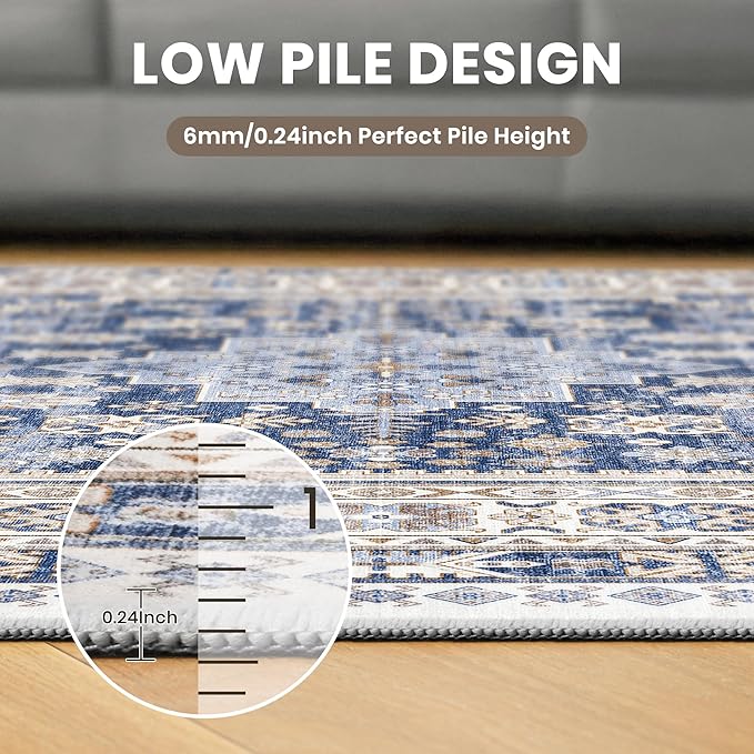 zesthome 8ft Round Rugs for Living Room, Non-Slip Washable Round Area Rugs, Ultra-Thin Large Circle Rugs, Soft Low Pile Rug for Bedroom, Kitchen - Vintage Stain Resistant Round Rug (Blue/Beige,8'x8')