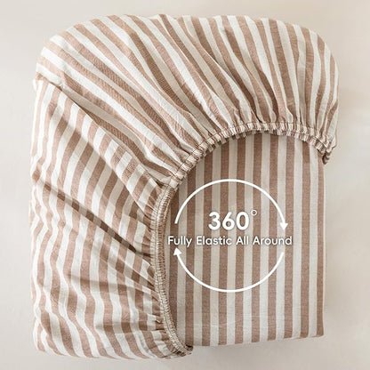 MooMee Striped Fitted Bottom Sheet Only 100% Washed Cotton Linen Like Textured Breathable Durable Soft Comfy Deep Pocket Fits Mattress up to 17" (Orange Classic Stripes, Queen)