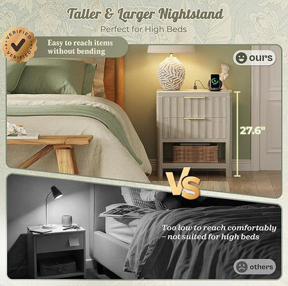 Huuger 27.6 Inch Tall Night Stand with Charger Station, USB-C Port, Fluted Nightstand with 2 Deep Drawers, Larger Wider Bed Side Table with Open Shelf, Bedroom Living Room End Table, Grey