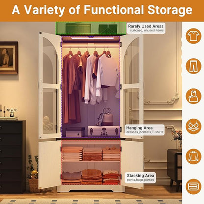 Tall Farmhouse 2 Doors Armoire Wardrobe Closet with LED ,72" Freestanding Arched Wardrobe Closet Cabinet for Bedroom w Glass Doors,Wooden Clothing Storage Cabinet,Closets for Bedroom(White)