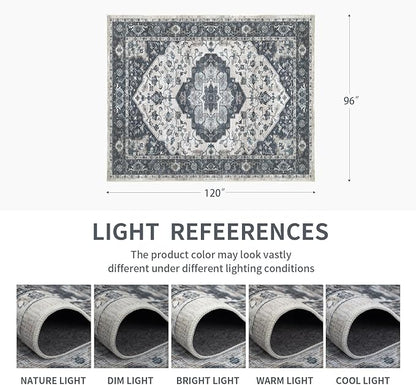 8x10 Vintage Washable Area Rug for Living Room,Low Pile Non Slip Carpet Non-Shedding Large Area Rug Soft Indoor Stain Resistant Rug Floral Print Mat for Bedroom Dining Room Blue Beige