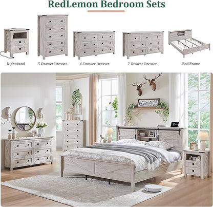 T4TREAM Farmhouse 5 Drawers Dresser Chests for Bedroom, Wood Rustic Tall Chset of Drawers,Dressers Organizer for Bedroom, Living Room,Hallway, Antique Brush White