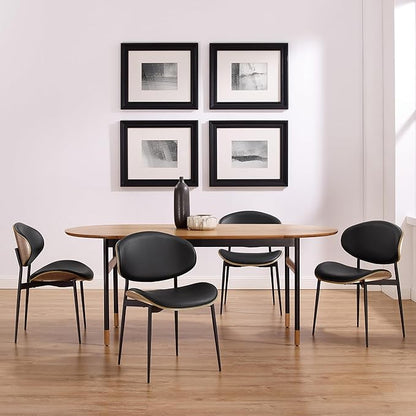 Art Leon Genuine Leather Dining Chairs Set of 2, Mid Century Modern Chair, Upholstered Kitchen Dining Room Chairs, Armless Accent Chair with Black Walnut Bendwood, Black