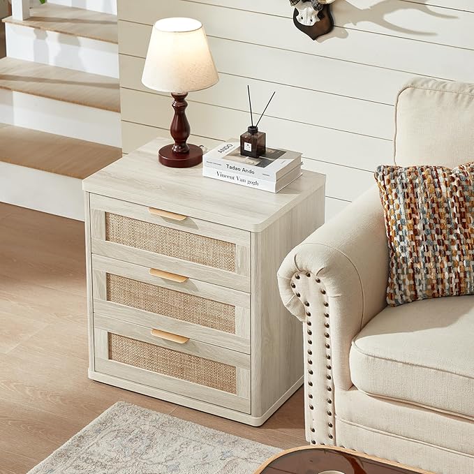 LEYAOYAO Rattan Dresser and Nightstand Sets 3, Boho Wood Dresser for Bedroom with 6 Drawers and Night Stand with 3 Drawer, Bedroom Furniture, Dressers & Chests of Drawers, Living Room, Hallway