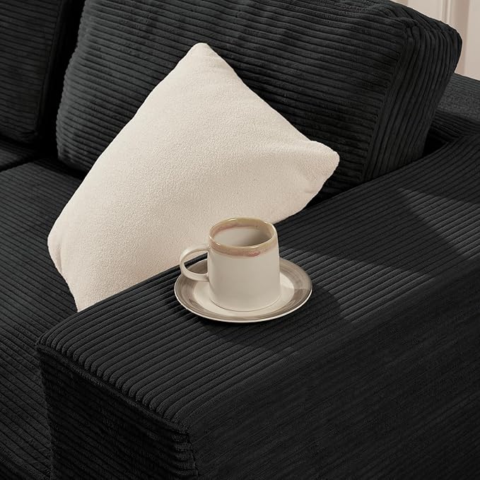 106" 3-Seater Sofa, Cloud Modular Sofa with Certified Foam, Upholstered Floor Sofa with Deep Seat, Upholstered Sofa for Bedroom Living Room, No Assembly Required (Corduroy Fabric, Black)