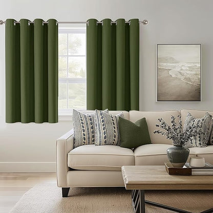 ChrisDowa 100% Blackout Olive Green Solid Curtains 54 Inches Long 2 Panels for Bedroom Living Room,Farmhouse Room Darkening Thermal Insulated Soundproof Grommet Top Window Treatment Drapes,52x54