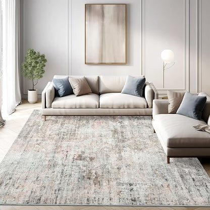 6x9 Abstract Area Rugs for Living Room 6 x 9 Washable Grey Pink Non Slip Low Pile Rugs for Bedroom Dining Room Foldable Thin
