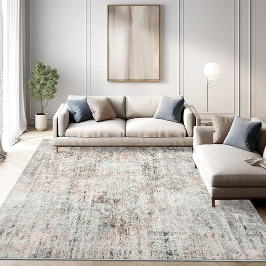 6x9 Abstract Area Rugs for Living Room 6 x 9 Washable Grey Pink Non Slip Low Pile Rugs for Bedroom Dining Room Foldable Thin