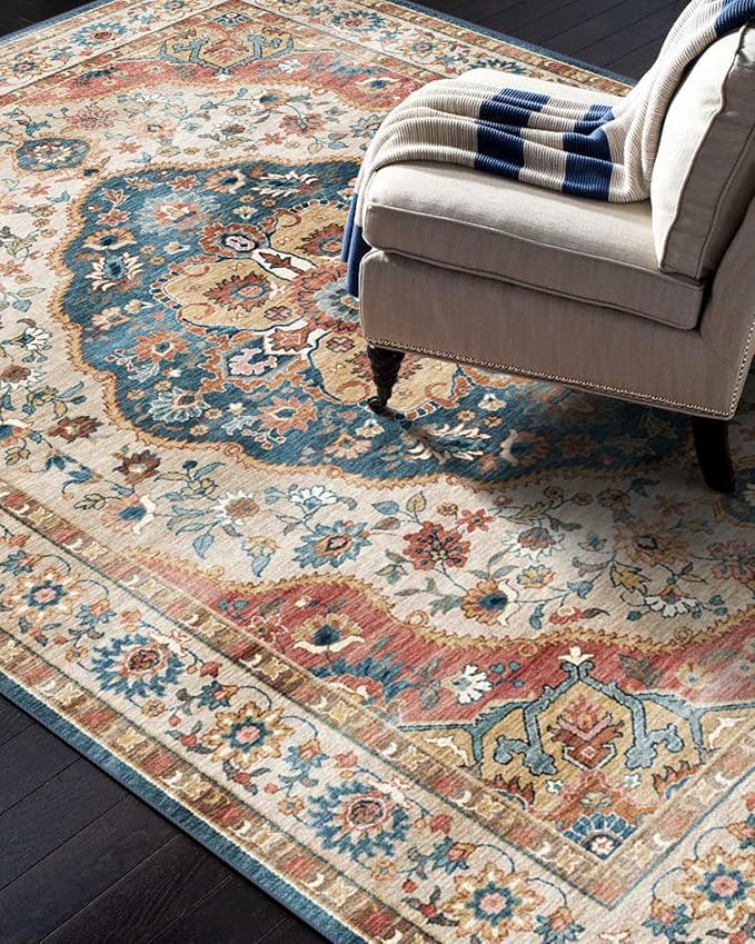 vivorug 3x5 Rug, Small Area Rug for Living Room, Bedroom, Kitchen, Machine Washable Non-Slip Throw Rug, Vintage Carpet for Entryway Nursery Coffee Table - Durable (Beige)