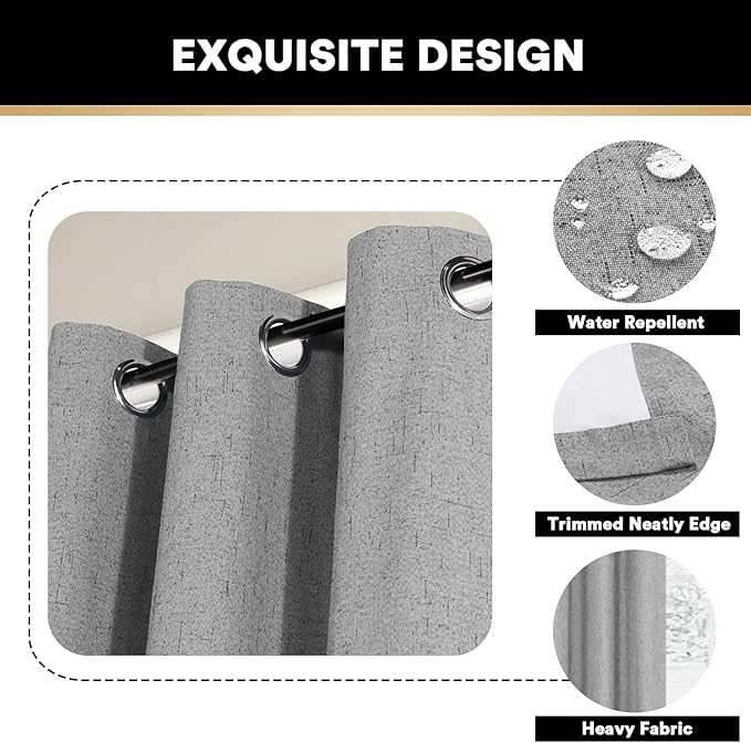 PrinceDeco 100% Blackout Curtains 64 inch Long 2 Panels,42" Wide,64" Length Energy Saving Curtains for Bedroom Living Room Grommet Blackout Linen Curtains with Thermal Insulated Liner,Light Grey