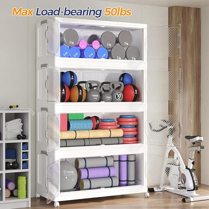 360QT Plastic Stackable Storage Bins with Lid, 90GAL Extra Large Collapsible Box with Wheels Clear Door, Foldable Closet Organizer Container Cabinet Drawer for Home Kitchen，3Pack, White