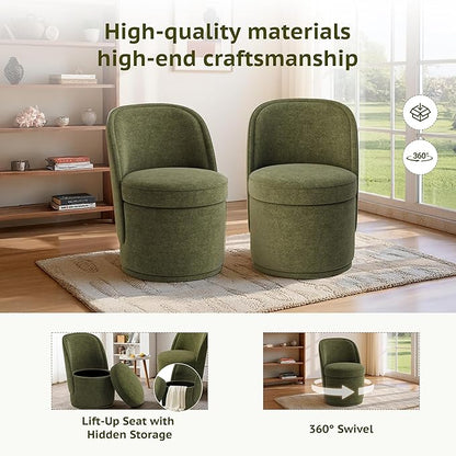 Swivel Accent Chair Set of 2, 360° Swivel Round Chair with Hidden Storage, Vanity Chairs, Modern Small Barrel Armchair for Living Room/Bedroom, Green
