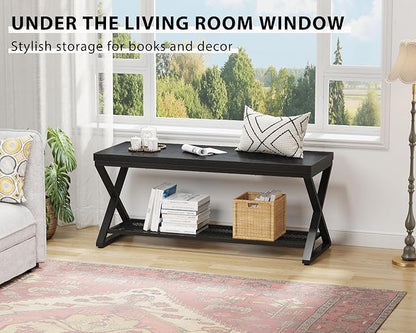 LVB Black Entryway Bench with Storage, Indoor Shoe Bench with Seating for Hallway, Accent Storage Bench for Living Room Bedroom, Simple Small Shoe Rack Benchs for Foyer Entrance, Black Oak, 39 inch