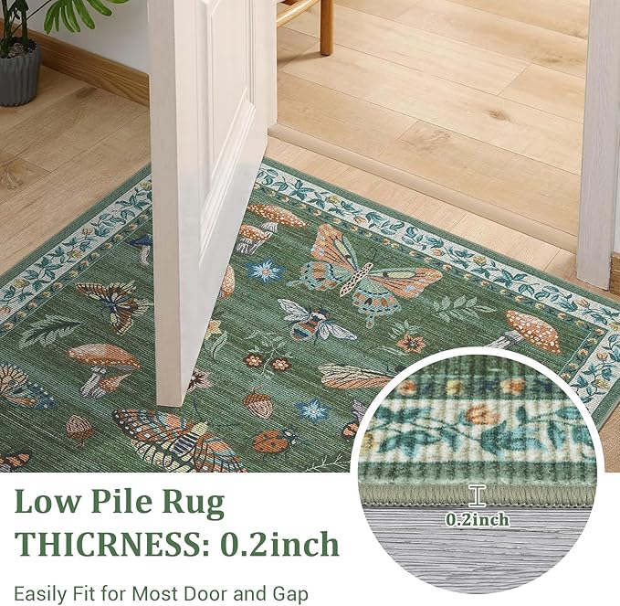 Mushroom Washable Rug 5x7 Area Rugs for Living Room, Insect Print for Bedroom, Non Slip Throw Rugs with Rubber Back, Soft Low Pile Dining Room Carpet for Under Table, Green