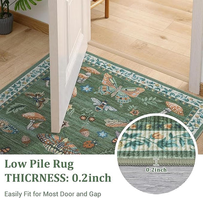 Mushroom Insect 4ft Round Rug Washable Non-Slip Soft Ultra-Thin Small Boho Circle Carpet for Entryway Kitchen Bedroom Nursery Dining Room Green