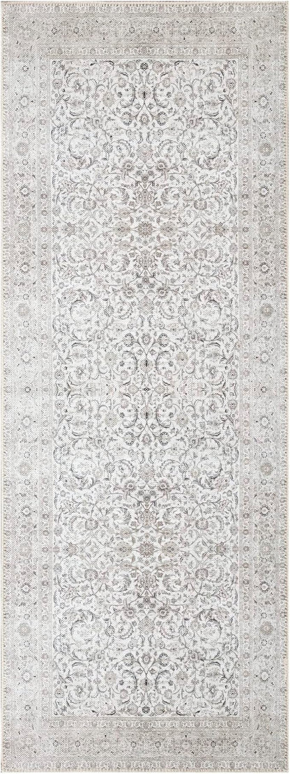 Bloom Rugs Washable Non-Slip 7 ft Runner - Beige/Off White Traditional Bordered Runner for Entryway, Hallway, Bathroom, and Kitchen - Exact Size: 2.5' x 7'