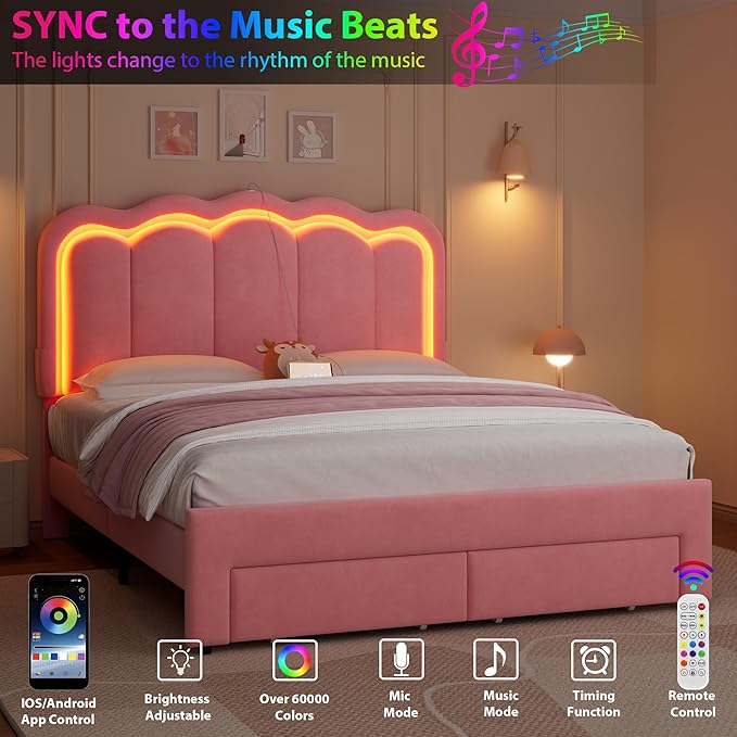 Velvet Upholstered Full LED Bed Frame with 2 Storage Drawers and Adjustable Chic Double Wavy Headboard, Princess Platform Bed with Charing Station, Solid Wood Slats Support,No Box Spring Needed,Pink