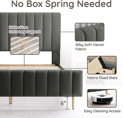 Livinia Full Size Elton Velvet Platform Bed, Upholstered Bed Frame with Vertical Channel Tufted Headboard Footboard, Strong Wood Slats, No Box Spring Needed, Gray (Full)