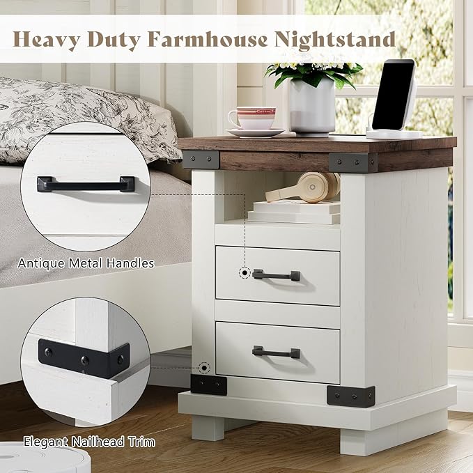 AMERLIFE Farmhouse Nightstand with Charging Station, 18" Wood Rustic Night Stand with 2 Storage Drawers, Heavy Duty Bedside Sofa Side End Tables for Bedroom, Living Room, Antique White