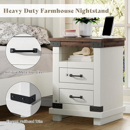 AMERLIFE Farmhouse Nightstand with Charging Station, 18" Wood Rustic Night Stand with 2 Storage Drawers, Heavy Duty Bedside Sofa Side End Tables for Bedroom, Living Room, Antique White