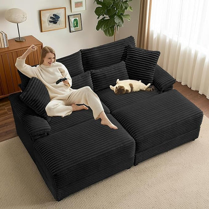 74" Double Chaise Lounge Chair Indoor, Oversized Loveseat with Removeable Ottoman, Corduroy Couch with USB Charging, Storage Ottoman, and Coffee Table Cushions for Living Room (2 Chaise Black)