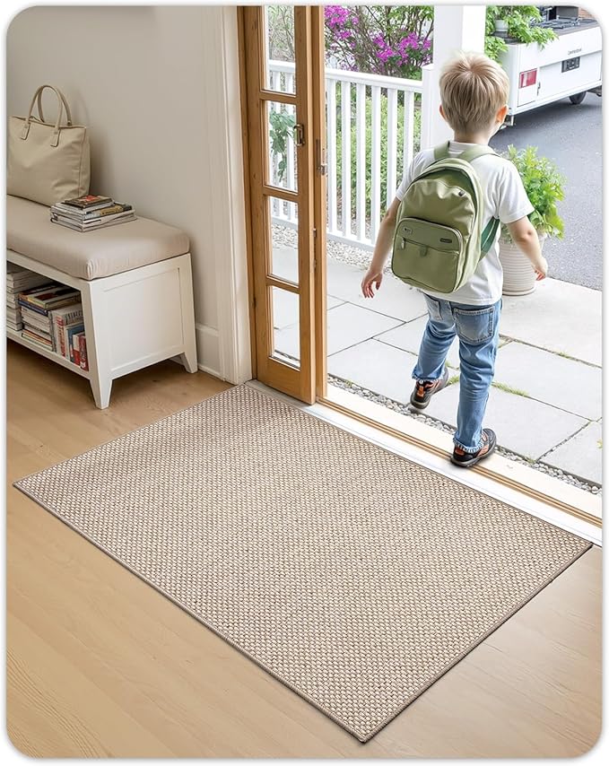 Color&Geometry Ultra-Thin Indoor Door Mat, 21"x31" Low-Profile Non-Slip Entryway Rug with Modern Geometric Texture, Washable Doormat for Entrance, Front Doors, Khaki (FOLD)