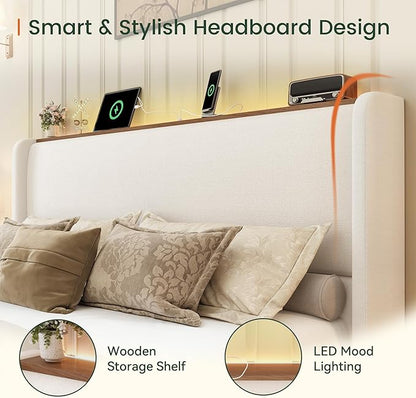 LARMACE Queen Size Bed Frame with LED Lights and Charging Station Linen Upholstered Platform Bed Frame with 51.2" Tall Headboard Wingback and Storage Shelf, No Box Spring Needed, Noise Free, Beige