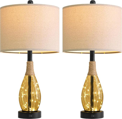 OYEARS 23" Table Lamps for Living Room Set of 2 Bedside Lamps for Night Stands Bedroom Lamps Farmhouse Rattan Boho Lamp Glass Nightlight End Table Lamp,Two Light Points