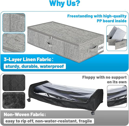 Under Bed Storage Container Bin 4 Pack, 4.5 Inch Slim Low Profile Underbed Clothes Storage Organizer for Dorm & Home, Use for Blanket and Toy Storage Box W/ Sturdy Bottom/Sides, Foldable Thick Fabric
