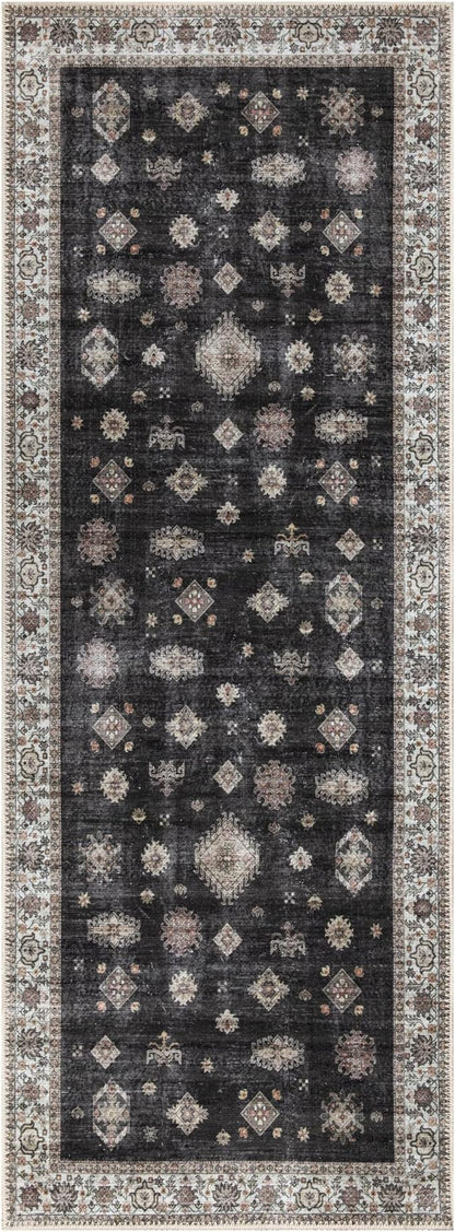 Bloom Rugs Washable Non-Slip 12 ft Runner - Black/Ivory Traditional Runner for Entryway, Hallway, Bathroom, and Kitchen - Exact Size: 2.5' x 12'