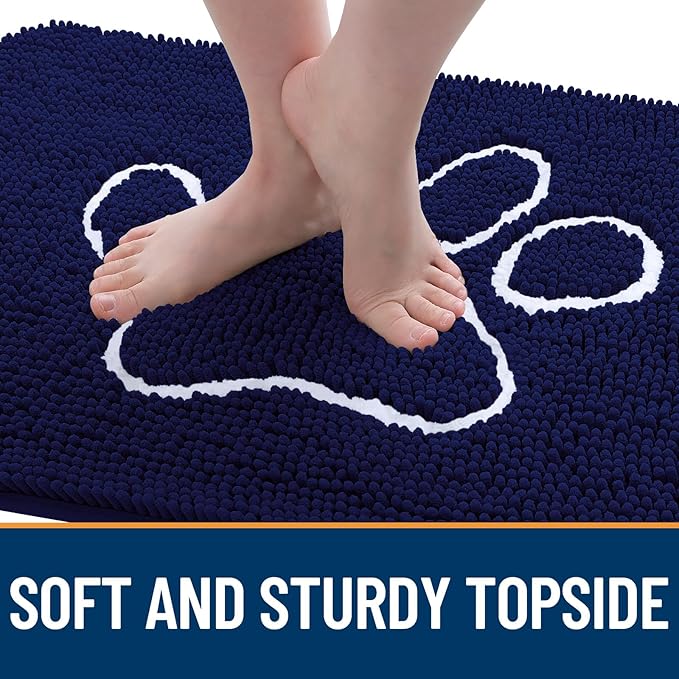 OLANLY Dog Door Mat for Muddy Paws 59x35, Paw Print Design, Absorbs Moisture and Dirt, Absorbent Non-Slip Washable Doormat, Quick Dry Chenille Mud Mat for Dogs, Entry Indoor Entryway Carpet, Navy Blue