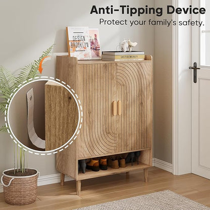 Smuxee Oak Shoe Cabinet with Line Groove Design, 6-Tier Shoe Storage Cabinet with Adjustable Shelves, Freestanding Shoe Organizer Cabinet for Entryway, Hallway, Closet, Living Room