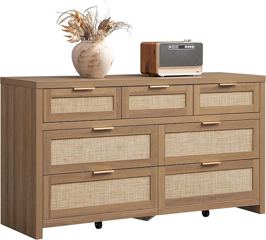 SICOTAS 7 Drawer Dresser for Bedroom, 57" Wide Rattan Dressers, Large Chest of Drawers for Bedroom, Dresser TV Stand, Boho Closet Organizer (Reclaimed Caramel Oak, 7 Drawers (1 pc))