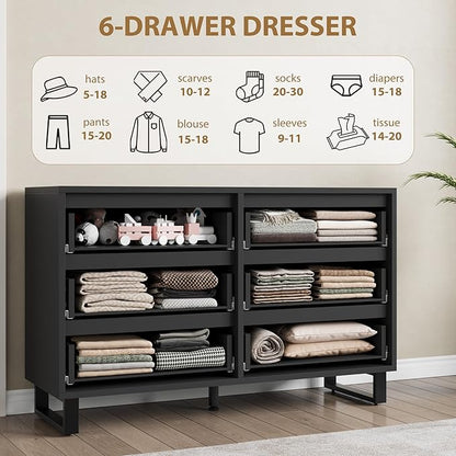 GarveeHome 6 Dresser for Bedroom, 47.2 in Wide Dresser, Freestanding Vertical Drawer Cabinet with Storage, Wooden Closet Storage Chest for Living Room, Hallway, Entryway, Black