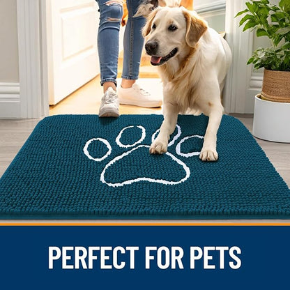 OLANLY Dog Door Mat for Muddy Paws 40x32, Paw Print Design, Absorbs Moisture and Dirt, Absorbent Non-Slip Washable Doormat, Quick Dry Chenille Mud Mat, Entry Indoor Entryway Carpet, Atlantic Blue