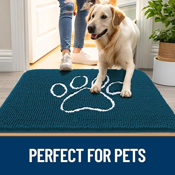 OLANLY Dog Door Mat for Muddy Paws 24x16, Paw Print Design, Absorbs Moisture and Dirt, Absorbent Non-Slip Washable Doormat, Quick Dry Chenille Mud Mat, Entry Indoor Entryway Carpet, Atlantic Blue