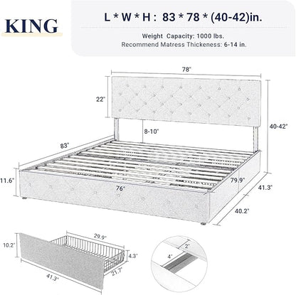 Allewie King Size Black Metal Faux Leather Platform Bed Frame with 4 Drawers