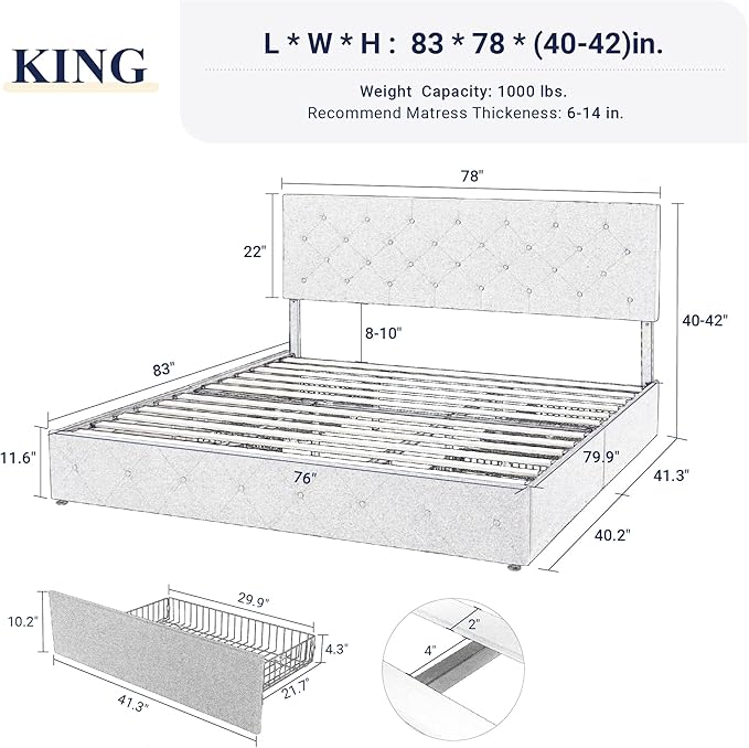 Allewie Upholstered King Size Platform Bed Frame with 4 Storage Drawers and Headboard, Diamond Stitched Button Tufted, Mattress Foundation with Wooden Slats Support, Black Brown