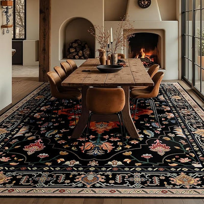Area Rugs 10'x12' Washable Non-Slip, Floral Vintage Distress Print Pattern Medallion Carpet for Living Room Bedroom Dining Room, Black Colorful Floral Dark Tan