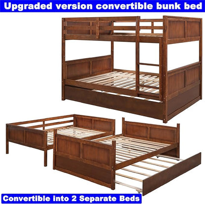 Upgraded Version Best Full Over Full Bunk Bed with Trundle, Thicken Solid Wood Full Size Bunk Bed, Bunkbed Frame Full Over Full, Convertible to 2 Beds, Easy Assembly for Adults (Walnut)