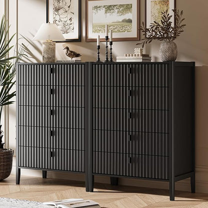 Black 5 Drawer Dresser, Modern Tall Dresser for Bedroom, Fluted Wood Chest of Drawers with Deep Drawers for Clothes, Storage Cabinet for Bedroom, Living Rooms, Offices, Entryways
