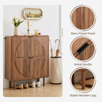 Turtle&Myrtle Modern Shoe Storage Cabinet for Entryway, Narrow Shoe Organizer Cabinet, 2-Tier Flip Down Drawers, Small Freestanding Hidden Wood Slim Shoe Rack,Round Fluted Pattern (Walnut)