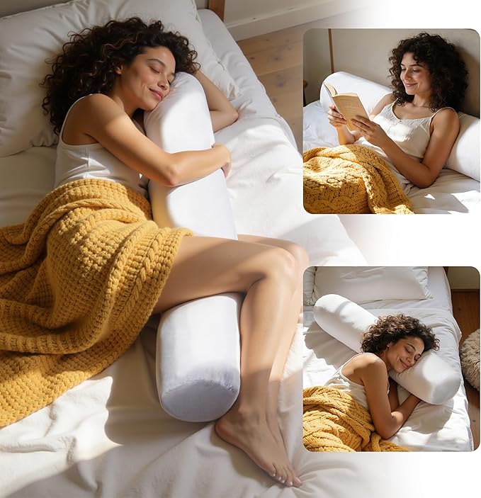 SyMax 7.8"x76" Body Pillow for King Bed, Memory Foam Bolster w/Removable Velvet Cover, Headboard Gap Filler Pillow, White