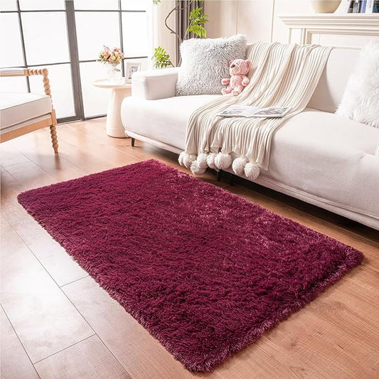 duduta Burgundy Plush Area Rugs for Bedroom 5x8 ft, Fluffy Carpet for Living Room Kids Room, Large Shag Dorm Rug, Washable Non Slip