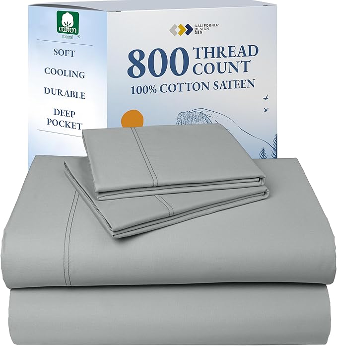 California Design Den Queen Size Bed Sheets Set, 100% Cotton Bed Sheets - Buttery Soft 800 Thread Count Sateen, Deep Pockets Durable Bedding - Light Grey