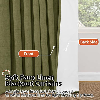 Olive Green 100% Linen Blackout Curtains for Living Room 63 Inch Long 2 Panels, Thermal Insulated Noise Reducing Window Total Black Out Curtains for Bedroom, Each 52x63 Inch 2 Panels