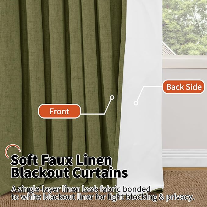 Olive Green Linen Blackout Curtains - 84 Inch Long Total Black Out Curtains for Bedroom Living Room, Thermal Insulated Room Darkening Light Blocking Faux Linen Curtains Each 52x84 Inch 2 Panels