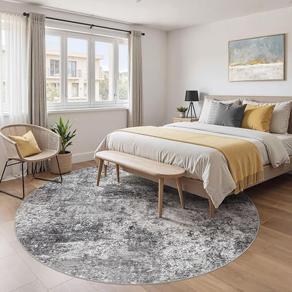 8ft Round Area Rug Living Room Rugs - 8x8 Washable Large Soft Indoor Neutral Modern Abstract Low Pile Rug Carpet for Bedroom Dining Room Farmhouse Home Office - Grey