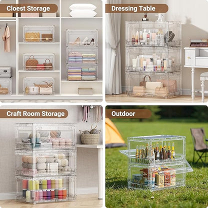 BROVIEW 400Qt Stackable Storage Bins with Lids Wheels, XL Clear Plastic Drawers Foldable Closet Organizers and Storage Cabinet Display Box Shelves with Front & Back Doors, for Home Office Garage,5Pack